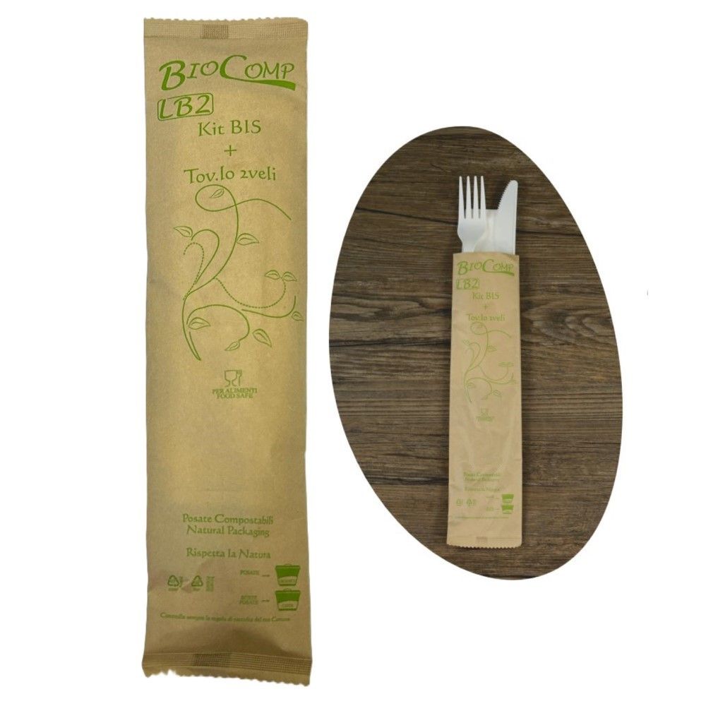 Bis Posate con tovagliolo Imbustate in Carta kraft Biocompostabili