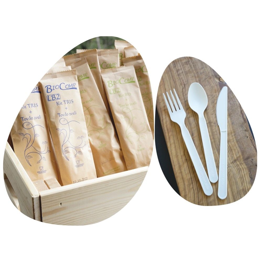 Bis Posate con tovagliolo Imbustate in Carta kraft Biocompostabili