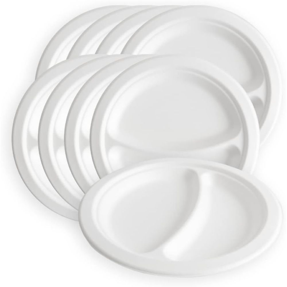 125 Piatti piani da 23 cm a due scomparti in bagassa BIOCOMPOSTABILI