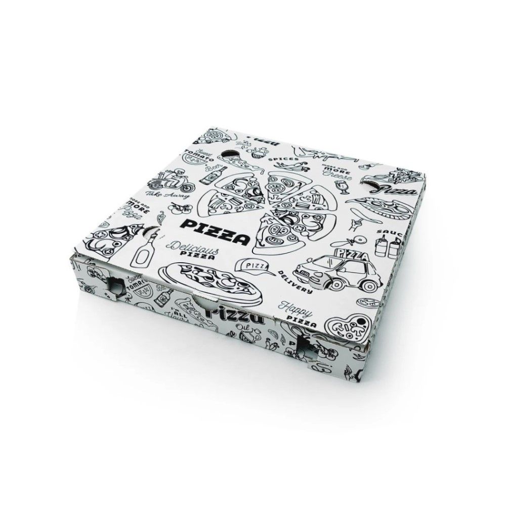 100 PZ Scatola Porta PIZZA 24x24x3 cm Bianca con Stampa ripetuta Nera