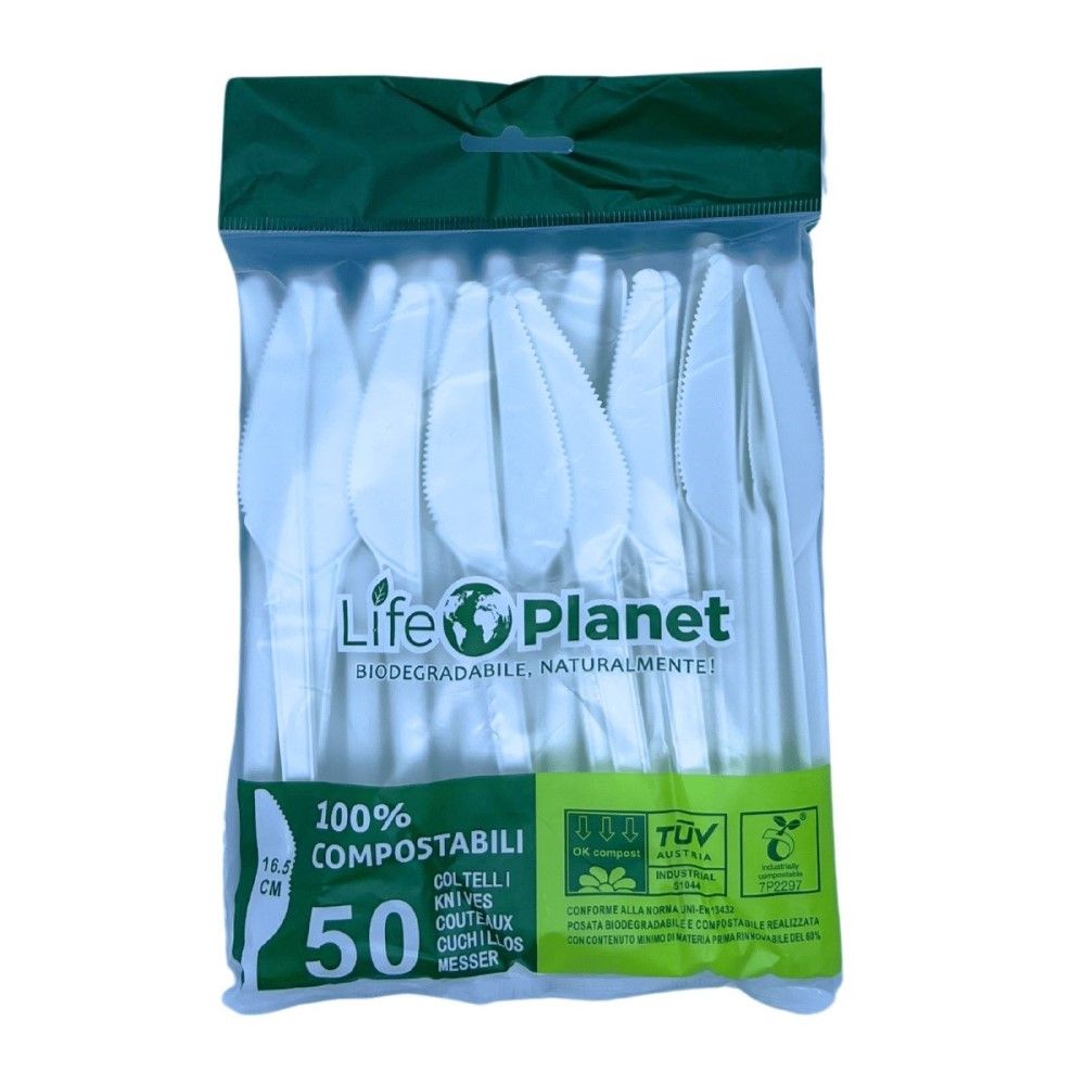 50 COLTELLI in CPLA Compostabili e Biodegradabili colore Bianco