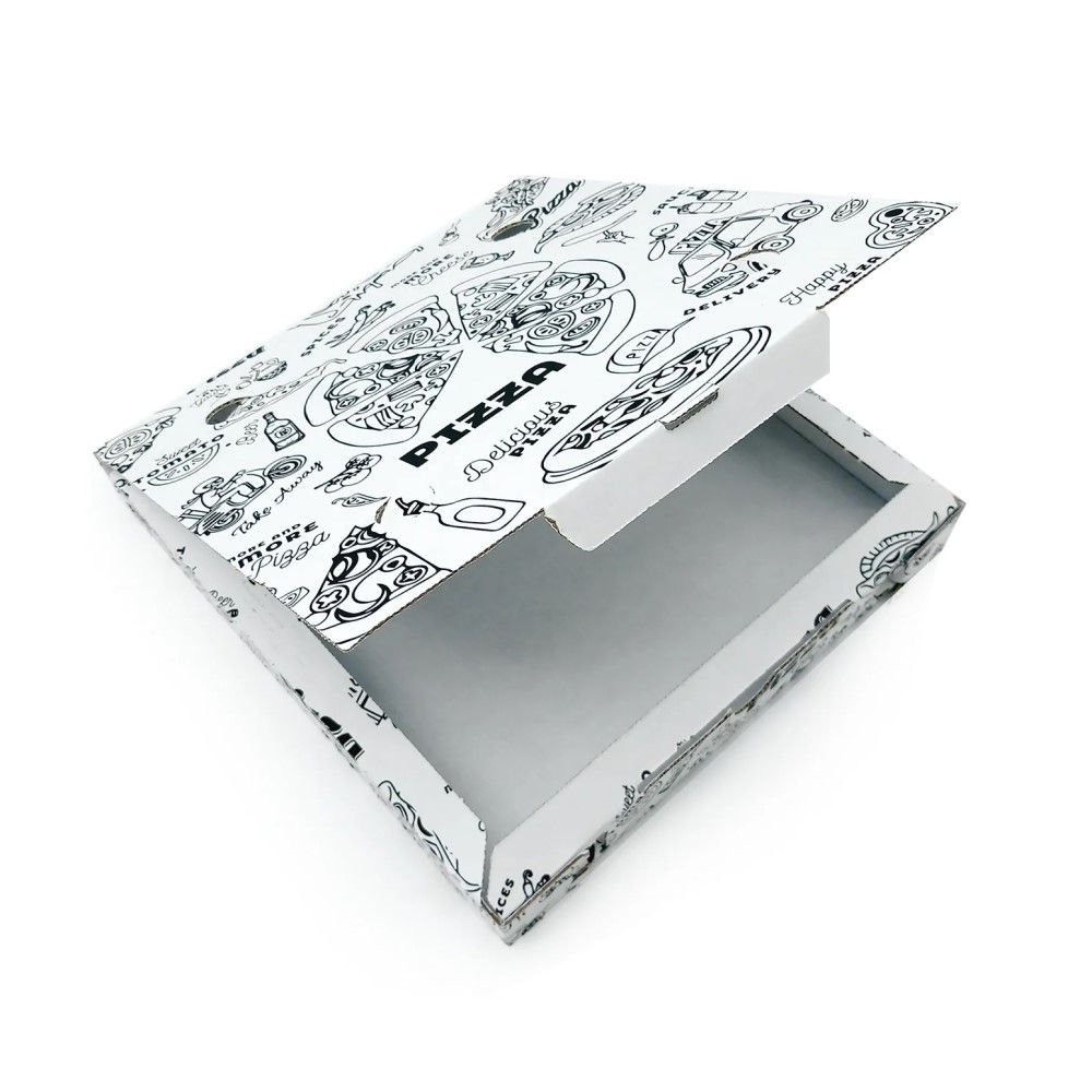 100 PZ Scatola Porta PIZZA 24x24x3 cm Bianca con Stampa ripetuta Nera